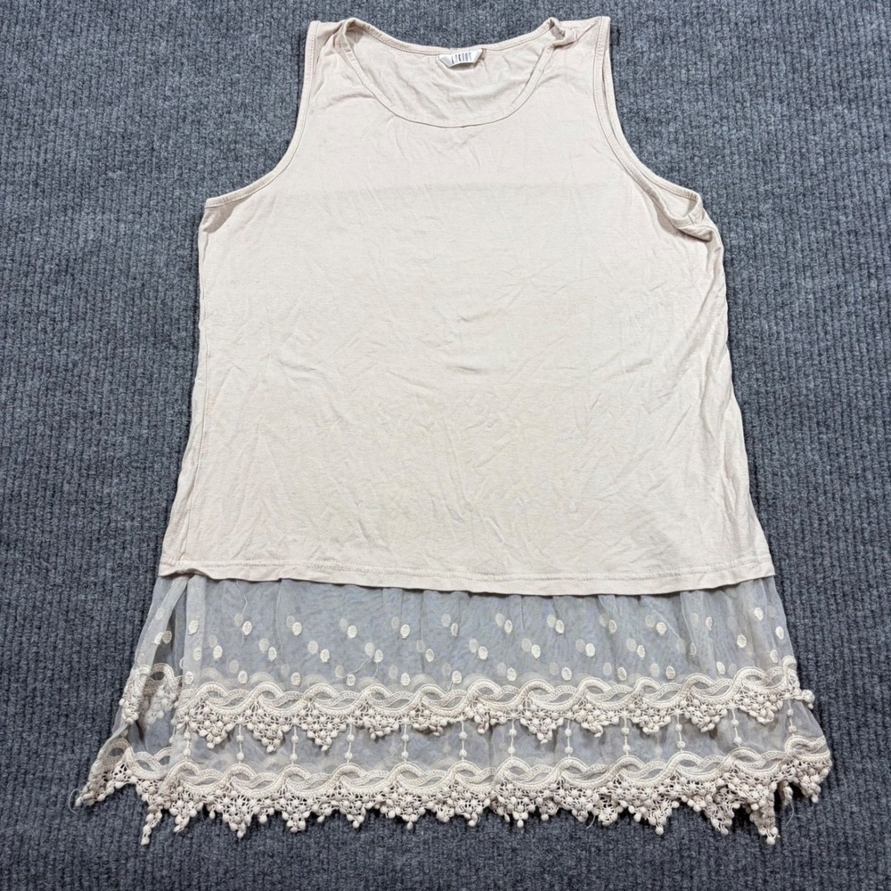 Kaktus Tank Top Womens M Beige Sleeveless Lace Mesh Trim Boho Scoop Neck Tank